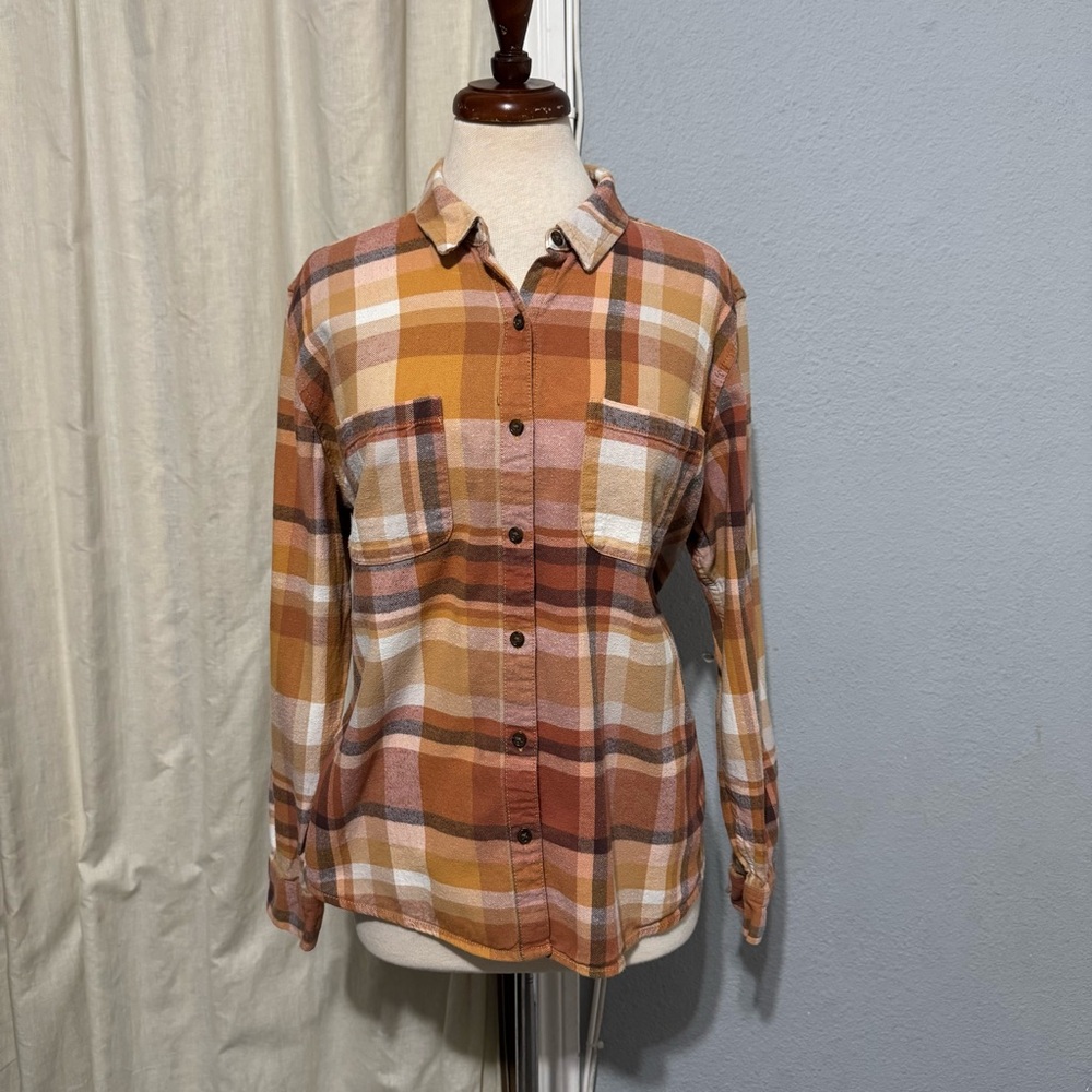 Universal Thread Women Brown Plaid‎ Button-Up Collared Long Sleeve Shirt Size L